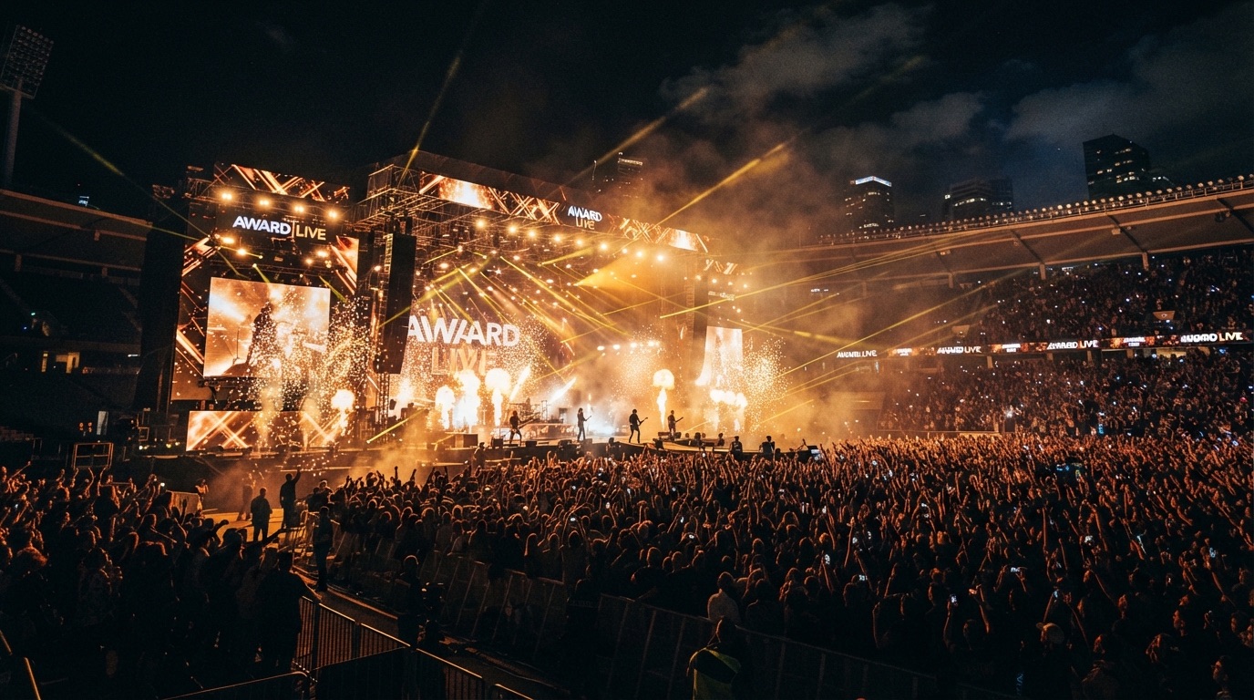 Stadium concert stage at night with gold pyrotechnics