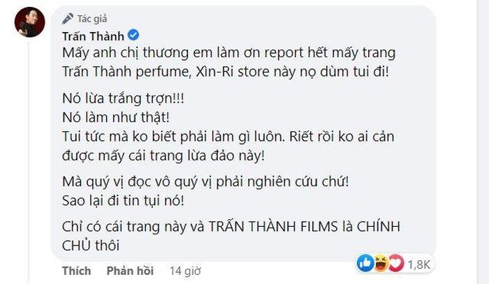 Trấn Thành bất lực kêu cứu vì bị lợi dụng hình ảnh để bán nước hoa giả mạo.