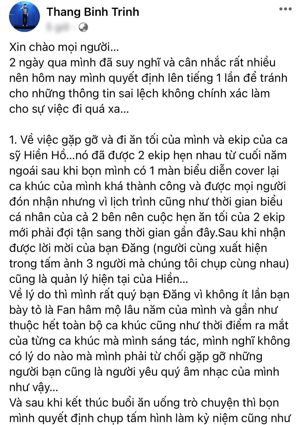  Trịnh Thăng Bình lên tiếng vạch rõ quan hệ với Hiền Hồ. (Ảnh: Trinh Thang Binh)